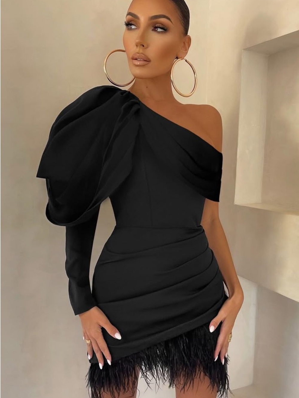 CLUB L LONDON RSVP
BLACK ASYMMETRIC
VOLUME SLEEVE DRAPED
FEATHER MINI DRESS